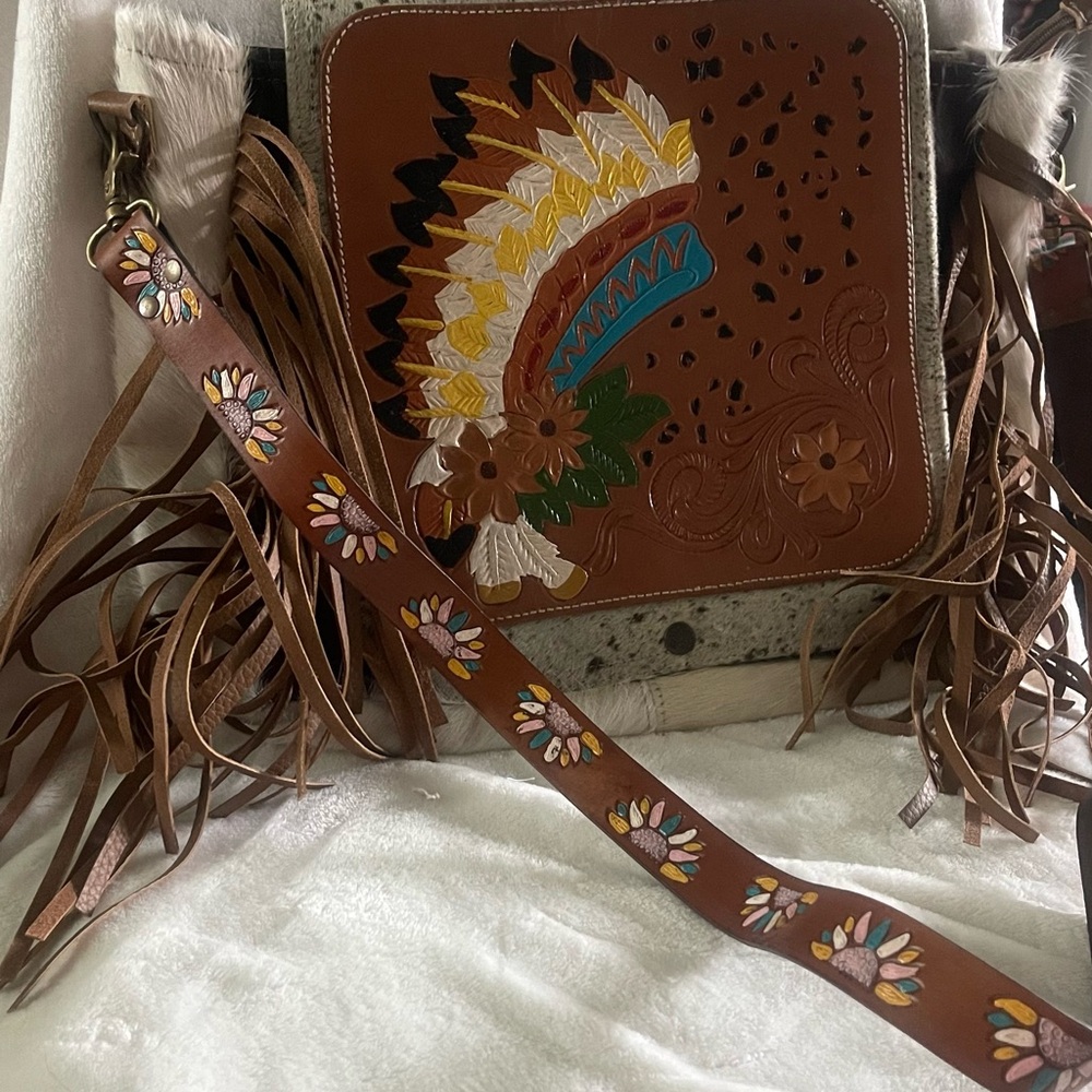 Brown Leather Shoulder Bag with Fringe and Native American Design